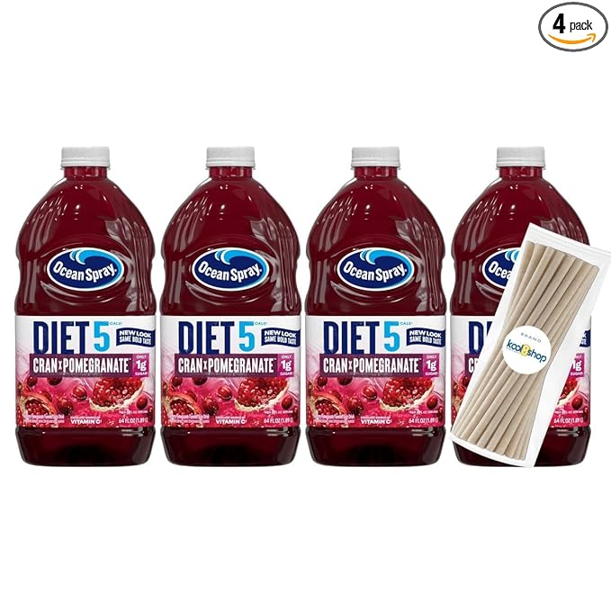 Ocean Spray Diet Cran Pomegranate Juice Drink 64 fl oz Plastic Bottle 4 Pack + 15 Sugarcane Disposable Straws by KOOL8SHOP Infinite Deals