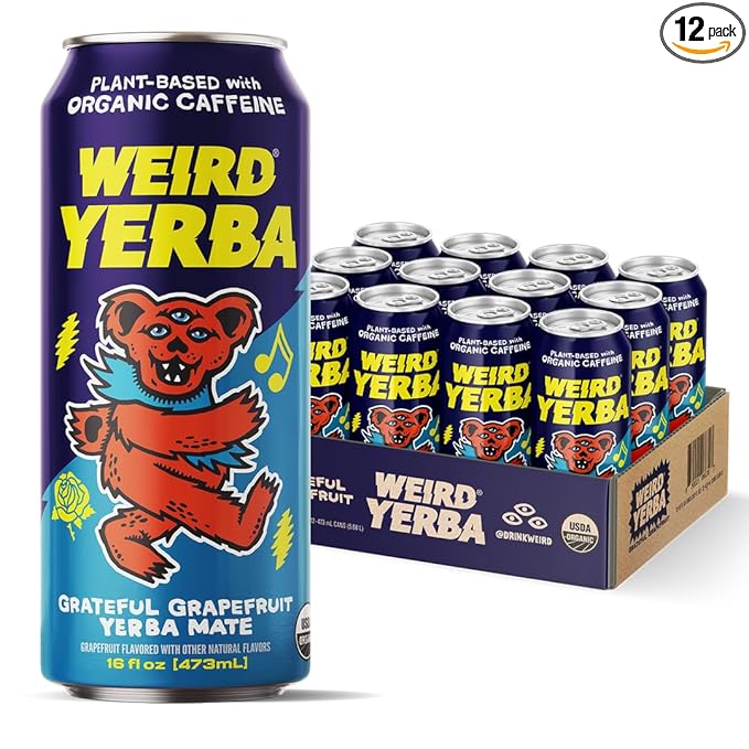 Drink Weird Organic Grateful Grapefruit Yerba Mate – 16oz Cans 160mg Organic Caffeine Pack of 12 – Grateful Dead Collab Healthy Energy Drink Alternative