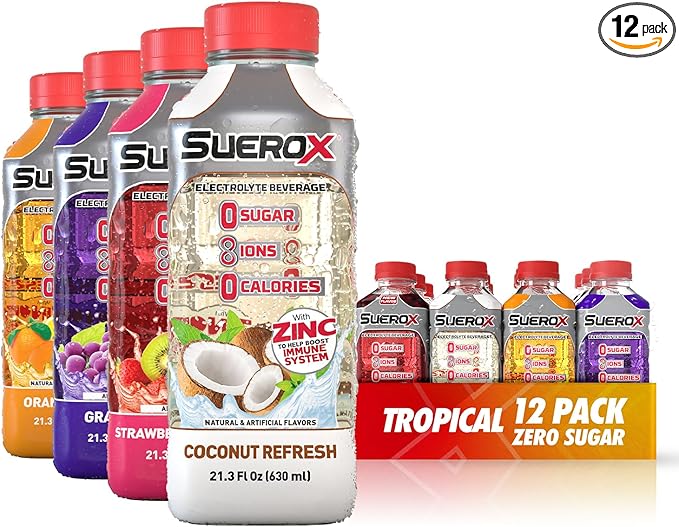 SueroX Sugar-Free Sports Drink for Hydration and Recovery Electrolyte Hydration Drink with 8 Ions Zero Calorie Sports Drinks with Electrolytes Tropical Pack 21.3 Fl Oz 12 Count