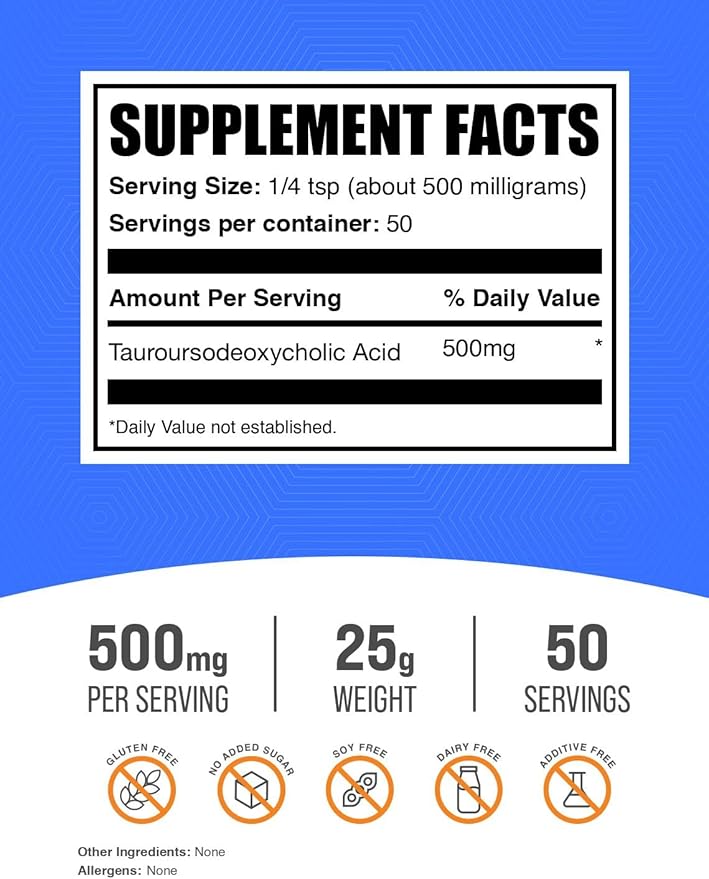 BulkSupplements.com TUDCA Powder - Tauroursodeoxycholic Acid TUDCA 500mg - TUDCA Supplement for Liver Support - Gluten Free 500mg per Serving 25g (0.88 oz) (Pack of 1)