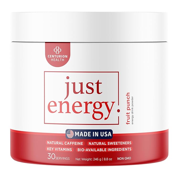 Just Energy Drink Powder Refreshing Fruit Punch Energy Drink Mix with 21 Energy-Boosting Ingredients Includes B Vitamins Choline Zinc Chromium and Inositol 30 Servings