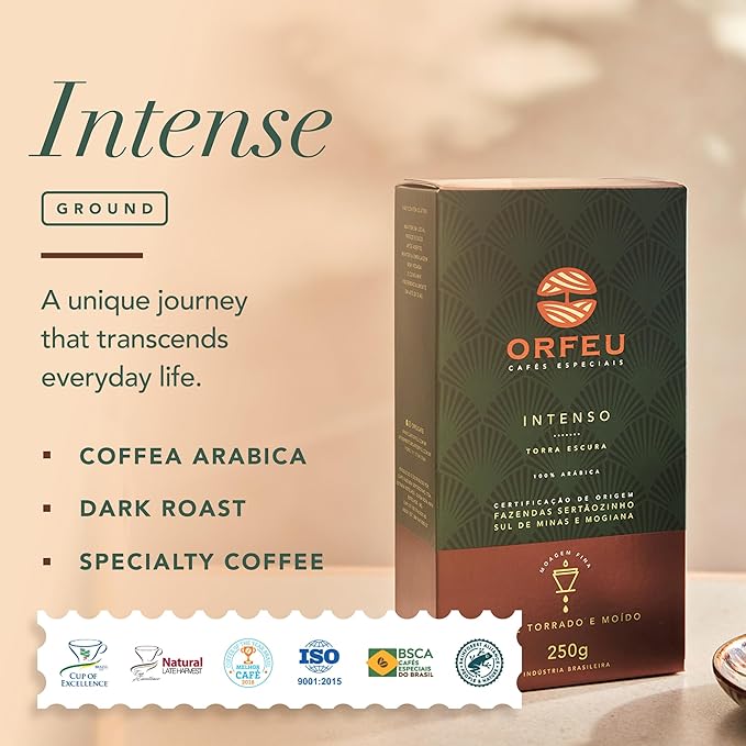 ORFEU - Special Coffee Intense - 100% Arabica Coffee Dark Roast Ground &amp Roasted Aroma of Toasted Caramel &amp Fruit Jam Low Acidity Made In Brazil Velvety Body - 250g (8.8oz)