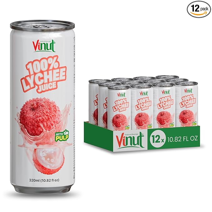 VINUT 100% Lychee Juice with Pulp No Added Sugar Not From Concentrate Gluten Free &amp Non-GMO Drink 100% Vegan/Plant-Based 10.82 fl oz Cans (Pack of 12)