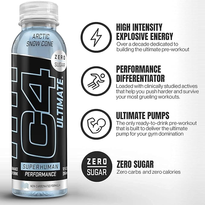 C4 Ultimate Non-Carbonated Zero Sugar Energy Drink Pre Workout Drink + Beta Alanine 12 Fl Oz (Pack of 12)