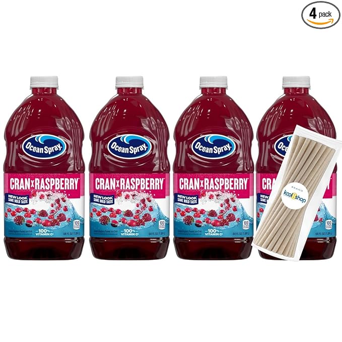 Ocean Spray Cran Raspberry Fruit Juice Drink 64 fl oz Plastic Bottle 4 Pack + 15 Sugarcane Disposable Straws by KOOL8SHOP Infinite Deals