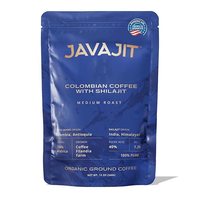 Colombian Coffee with Shilajit – Medium Roast Organic Ground Coffee Energy &amp Immunity Boost 250mg Himalayan Shilajit per Serving 16 Servings
