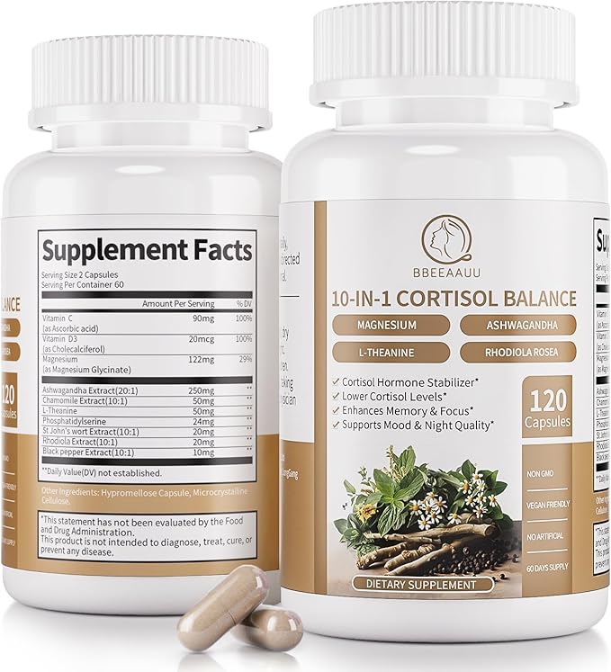 Cortisol Supplements for Women &amp Men - 10-in-1 Cortisol Reducer Manager Detox with Ashwagandha Magnesium - Lower High Cortisol Levels Relaxation &amp Night Support Non-GMO 120 Capsules