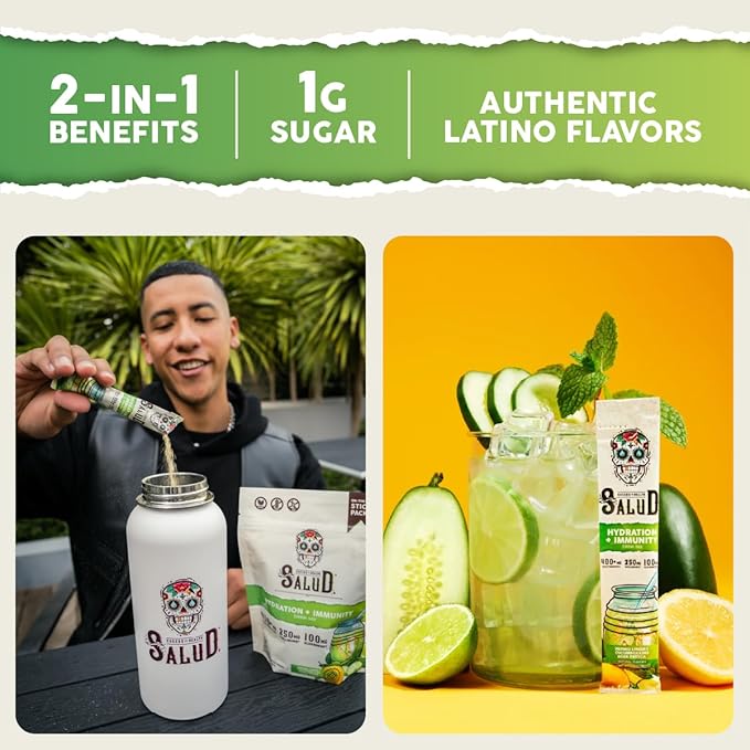Salud 2-in-1 Hydration Packets + Immunity Electrolytes Powder Cucumber Lime - Agua Fresca Drink Mix Elderberry Dairy &amp Soy Free Non-GMO Gluten Free Vegan Low Calorie 1g Sugar (15 Servings)