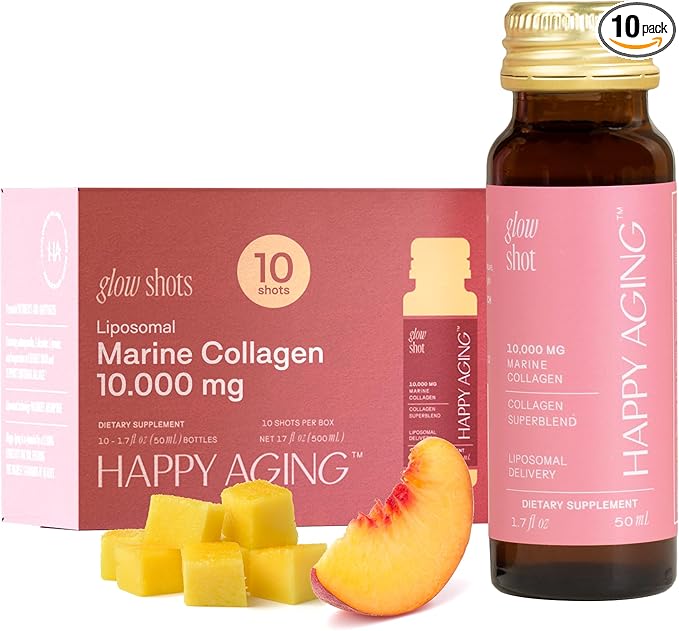 Happy Aging Marine Collagen Peptides Glow Shot 10000mg - Liquid Collagen for Women with Liposomal Delivery - Promotes Skin Hydration Elasticity &amp Radiance - Supports Hair &amp Nails 10 Shots