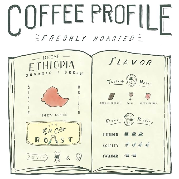 TOKYO COFFEE Organic Decaf Ethiopian Coffee Beans – 12 oz Whole Bean Medium Dark Roast (Full City) Mountain Water Process Sidamo Guji Dark Chocolate Smooth &amp Balanced Flavor
