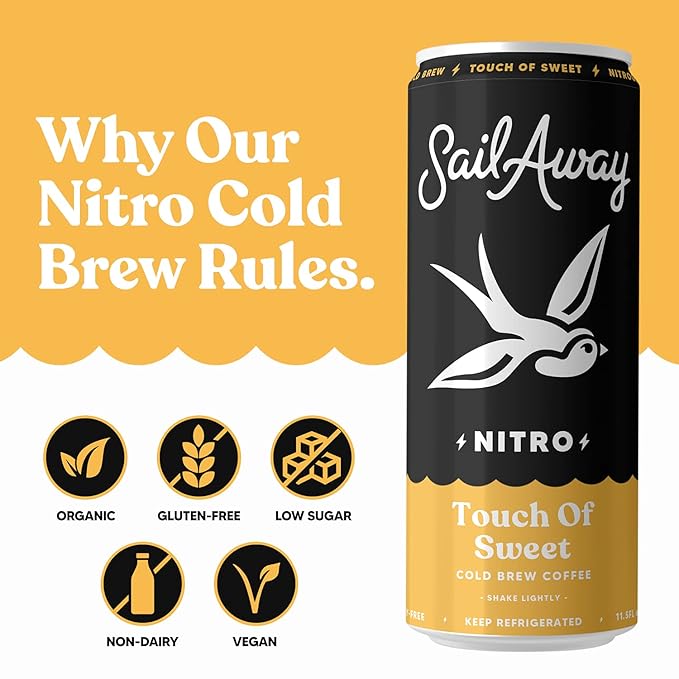 Sail Away Coffee Co. Sail Away Coffee Nitro Cold Brew Coffee Cans - Less Acidic Coffee Beverages | Draft Nitrogen Pour 220mg Caffeine Gluten Free Organic Keto Touch of Sweet 6 Pack