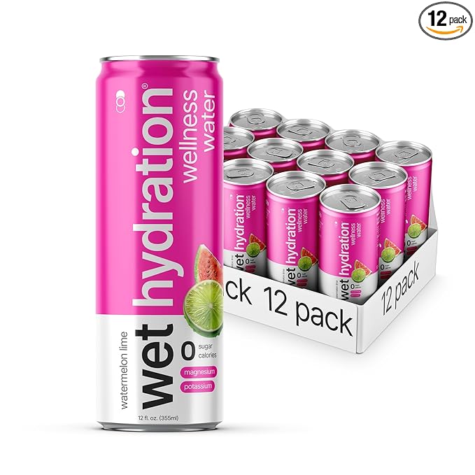 Wet Hydration | Functional Wellness Water Non-Carbonated - Watermelon Lemon Lime (12 Ounce Cans Pack of 12) - Flavored Water Hydration Drink No Sugar No Artificial Ingredients Zero Calories