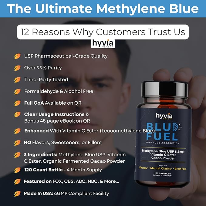 Methylene Blue Capsules - USP Pharmaceutical Grade Supplement For Humans - 120ct w/ Added Vitamin C For Enhanced Absorption - Helps Support Cognitive Energy Brain Fog &amp Mental Clarity | Made In