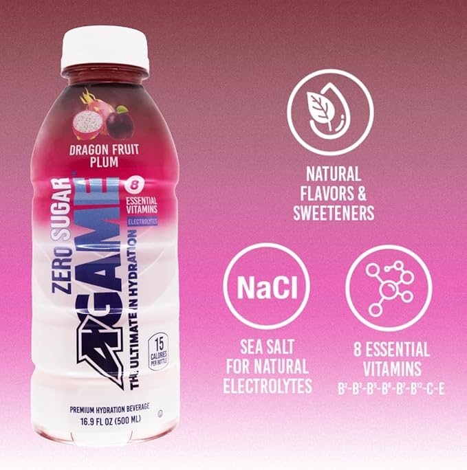 A-GAME Zero Sugar Sports Drink Dragon Fruit Plum Zero Sugar The Ultimate Sugar Free Hydration Sports Beverage 8 Essential Vitamins including B C &amp E plus Sea Salt Electrolytes All Natural Fl