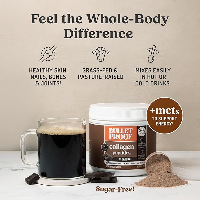 Bulletproof Chocolate Collagen Peptides Powder with MCT Oil 14.3 Ounces Grass-Fed Collagen Protein for Skin Bone and Joint Support Pasture Raised No Added Hormones