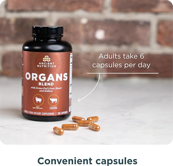 Ancient Nutrition Organ Supplements Grass-Fed and Wild Organ Complex Capsules Liver Heart Kidney Supports Organ Cognitive and Immune System Health 180 Ct