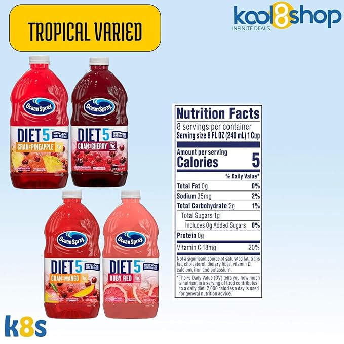 Ocean Spray Diet Tropical Variety Pack Juice Drink 64 fl oz Plastic Bottle 4 Pack + 15 Sugarcane Disposable Straws by KOOL8SHOP Infinite Deals