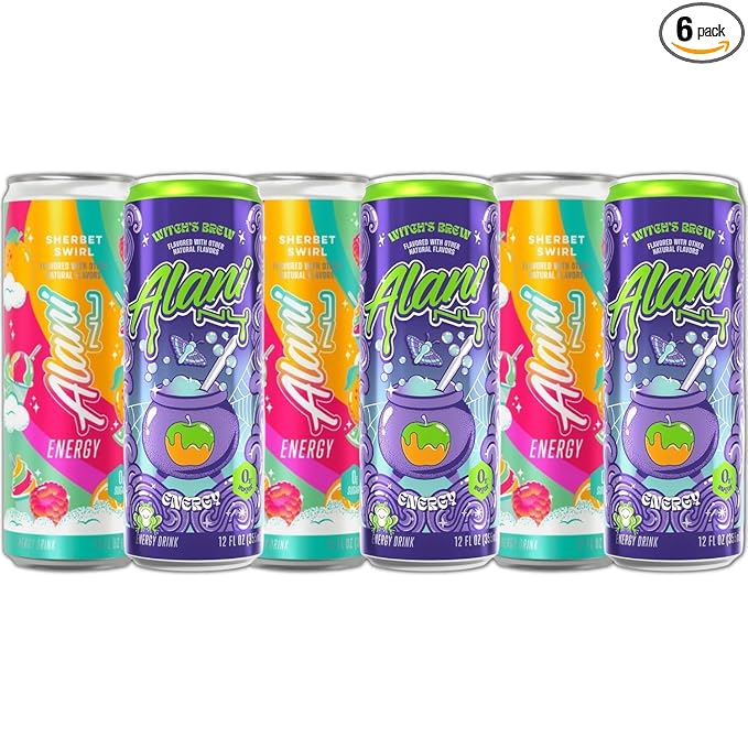 New Alani Energy Drinks Sherbet Swirl Witch's Brew Variety Pack Sugar-Free Low-Calorie Energy Boost Drink 12 fl oz (Pack of 6) (Packaging May Vary)