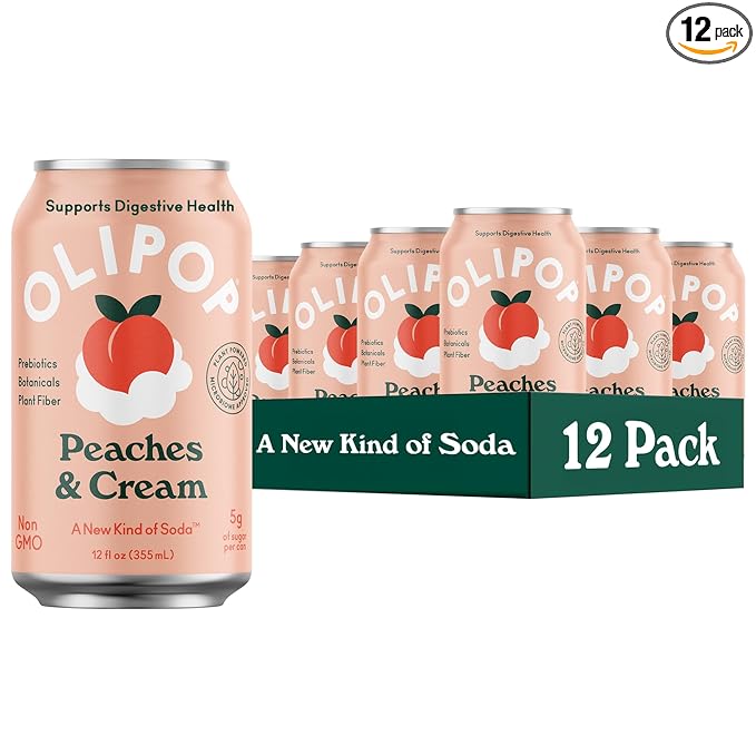 OLIPOP Prebiotic Soda Pop Peaches &amp Cream A New Kind of Soda Packed with Prebiotics Fiber and Botanicals Gluten Free GMO Free 12oz (12-Cans)