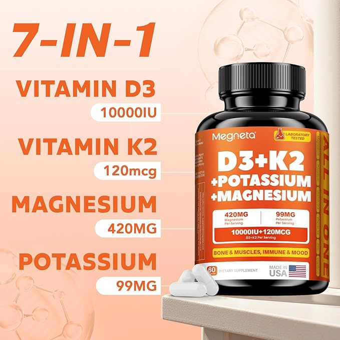 Vitamin D3 K2 10000 IU with Magnesium &amp Potassium – Supports Calcium Balance Muscle Function &amp Immune Health – Vegan High Absorption – 60 Capsules