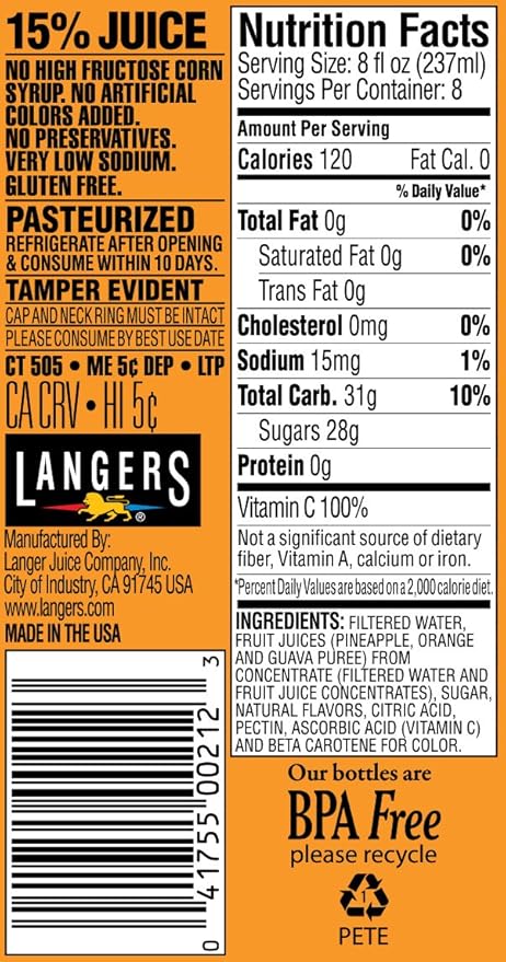 Langers Juice Cocktail Pineapple Orange Guava 64 Fl Oz (Pack of 8)