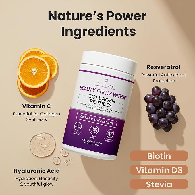 VITASEI Hydrolyzed Collagen Peptides Powder with Resveratrol &amp Vitamin C – Hair Skin &amp Joint Support with Hyaluronic Acid – Colágeno Hidrolizado for Women &amp Men – Coconut Flavor 16 oz (3