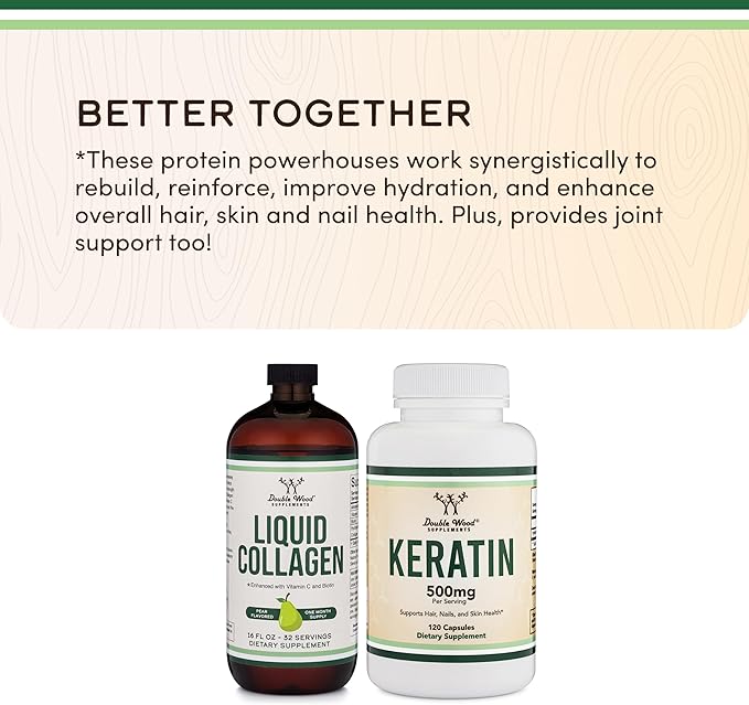 Double Wood Supplements Premium Liquid Collagen - 2500mg of Hydrolyzed Bovine Collagen (Type 1 3 and Grassfed) - 32 Servings - for Women and Men - 30 mcg of Biotin - Sugar Free Pear Flavor
