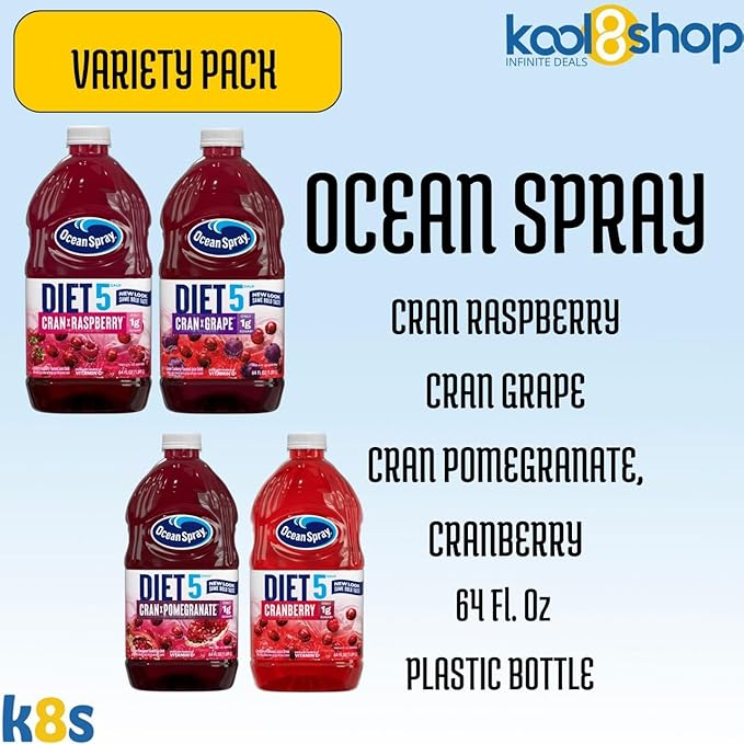 Ocean Spray Diet Variety Pack Juice Drink 64 fl oz Plastic Bottle 4 Pack + 15 Sugarcane Disposable Straws by KOOL8SHOP Infinite Deals