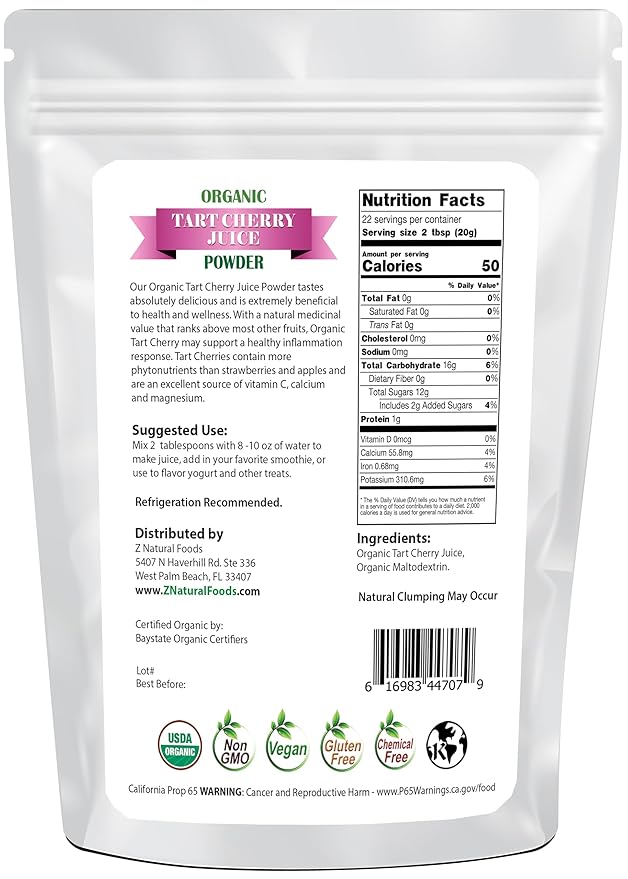 Z Natural Foods Organic Tart Cherry Juice Powder Superfood Powder Designed to Promote Quality Sleep Ideal for Juice Smoothies and Recipes Non-GMO Vegan Gluten-Free Kosher 1 lb.