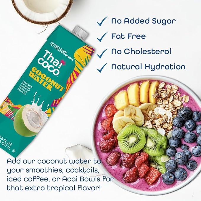 Thai Coco Organic Coconut Water 100% Pure &amp Unsweetened No Sugar Added USDA Organic Natural Electrolytes Hydration Drink 33.8 fl oz Tetra Carton (Pack of 6)