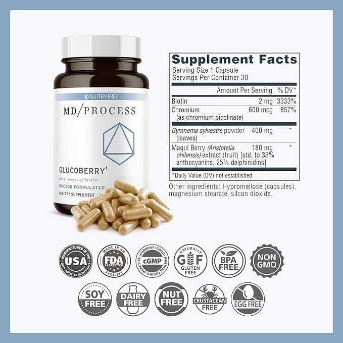 GlucoBerry Maqui Berry Extract with Chromium Picolinate for Blood Health Support - with Biotin and Gymnema Sylvestre - Doctor Formulated - 30 Capsules 3 Pack