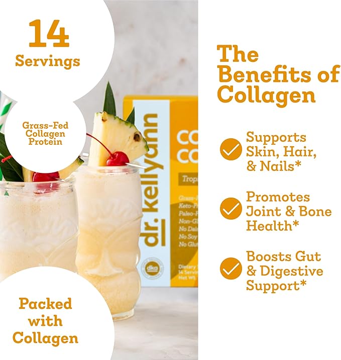 Dr. Kellyann Collagen Cooler – Tropical Pina Colada | 15g Grass-Fed Collagen Protein per Serving | Keto &amp Paleo Friendly Non-GMO Dairy-Free | 14 Servings