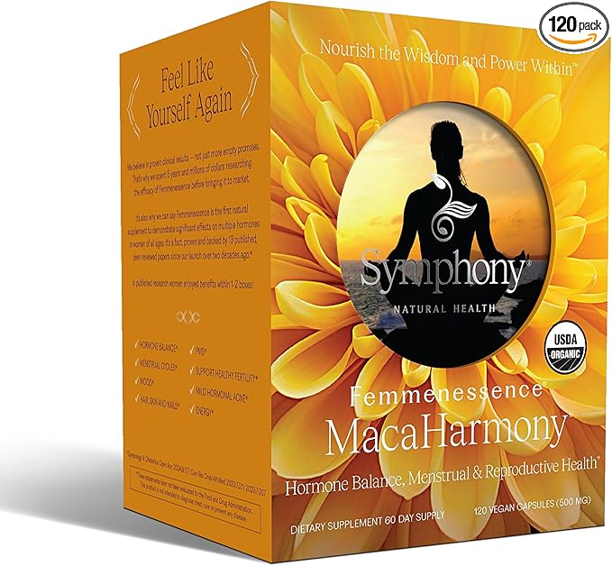 Femmenessence® MacaHarmony® – Clinically Studied Hormone Balance Support for Menstrual Health PMS Relief Mood Skin &amp Fertility 120 Natural Organic Vegan Capsules (60 Day Supply)