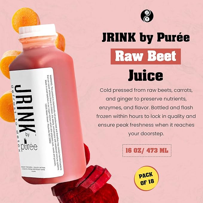 JRINK by Purée Raw Beet Juice Cold Pressed OrganicFruit and Vegetable Drink Stamina and Energy Boost Cleanse Gluten Free Healthy Cleanse with Ginger Blend 16 fl oz Bottles Pack of 18
