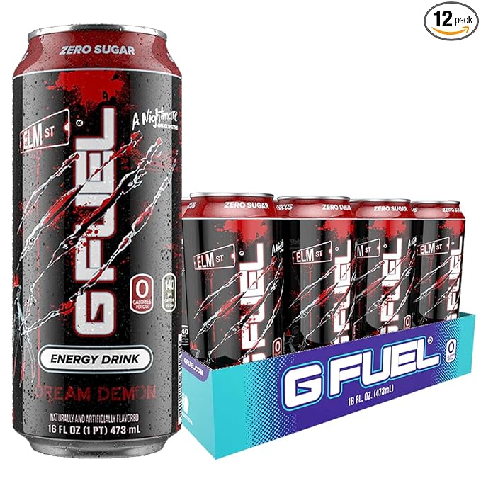 G Fuel Energy Drink Fruit Punch Sugar Free Beverage with 140mg Caffeine Daily Energy Boost with Focus Amino Vitamin + Antioxidants 16 oz Cans (Nightmare on Elm Street 12-Pack)
