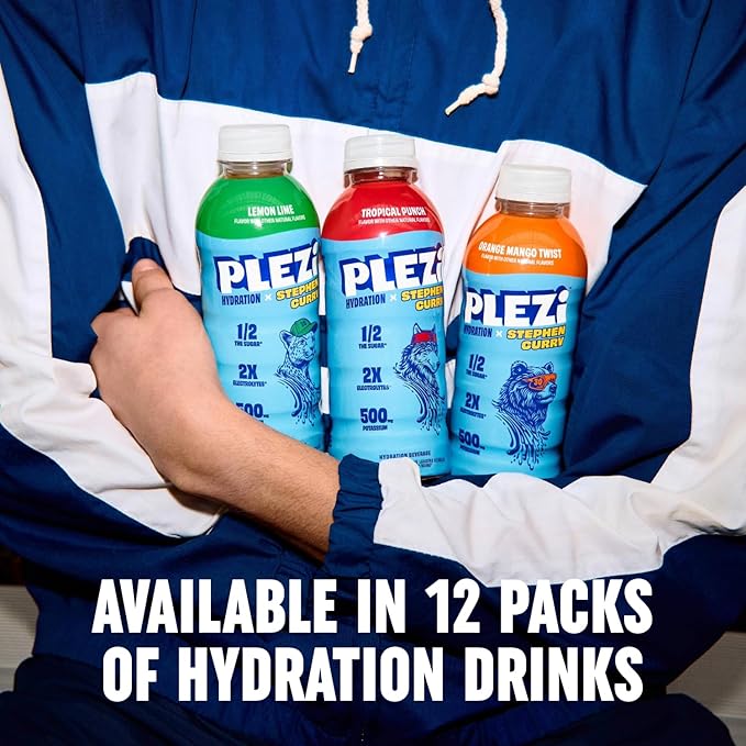 PLEZi Tropical Punch Hydration Drink x Stephen Curry - Sports Drinks with 2X Electrolytes - 500mg Potassium Low Sugar No Added Sugar - For Kids &amp Adults - 16.9 Fl Oz (12 Pack)