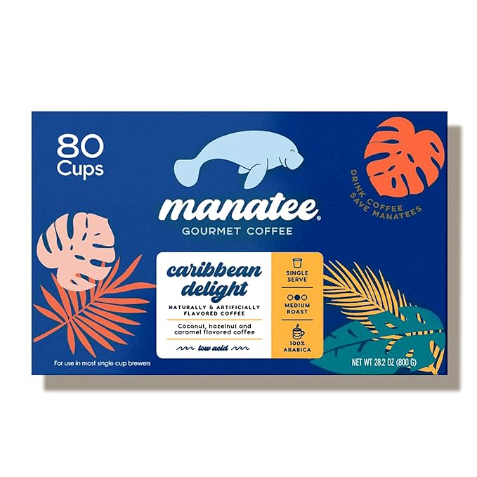 Manatee Gourmet Coffee Single Serve Pods for Keurig 2.0 K Cup Brewers Medium Roast Caribbean Delight 80 ct