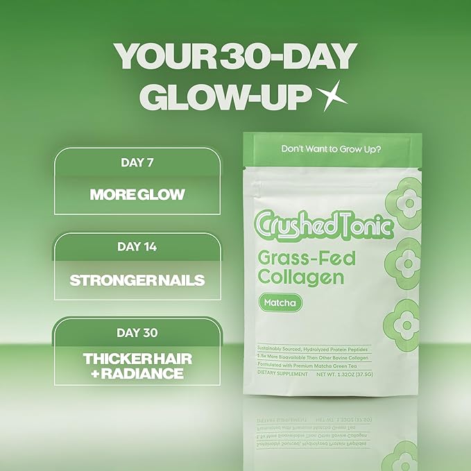 Crushed Tonic Bovine Collagen Powder Korean Beauty Drink with Hydrolyzed Collagen Peptides for Skin Hair &amp Nails | Gluten-Free Halal &amp Kosher (Matcha 5 Servings (50 g) Mini Pouch)