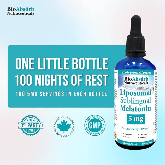 Bio Absorb Liposomal Liquid Melatonin 5mg per Serving. 100-Day Supply. Fast Acting Sublingual Drops. Natural Berry Flavour (3.38oz)