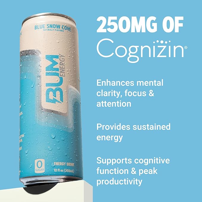 BUM Sugar-Free Energy Drink Blue Snow Cone - Lightly Carbonated &amp No Artificial Colors Natural Caffeine &amp Citicoline for Energy &amp Focus Brain Boost &amp Workout Sports Beverage - 12 oz