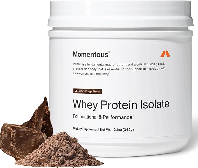 Momentous Essential Grass-Fed Whey Protein Powder - 20 g Whey Isolate Protein - NSF Certified for Sport - Gluten-Free - 12 Servings for Essential Everyday Use - Chocolate Fudge - Package May Vary