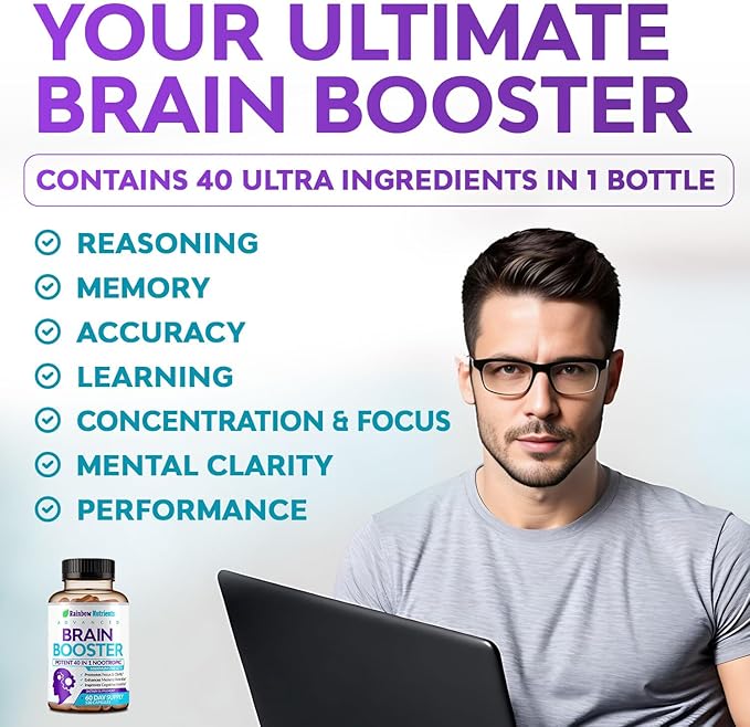 40-in-1 Brain Booster Supplements for Memory Focus Clarity Energy Performance | Natural Nootropic Brain Support Supplement with DMAE Bacopa Monnieri &amp More | For Men &amp Women | 120 V Capsu
