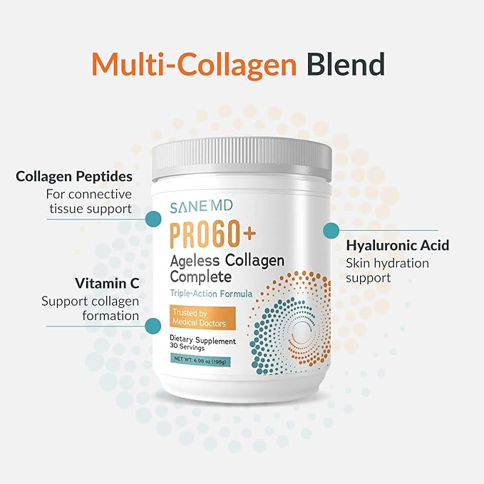 Sane MD PRO60+ Collagen Peptides Powder - Multi-Collagen Types I II III V &amp X with Biotin Vitamin C &amp Hyaluronic Acid Grass-Fed Unflavored Daily Support 60+