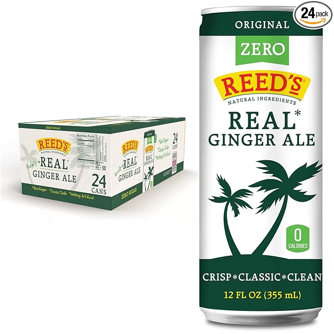 Reed's Zero Sugar Ginger Ale - Made with Pressed Organic Ginger - Zero Calories - 12oz Slim Cans 24 Pack