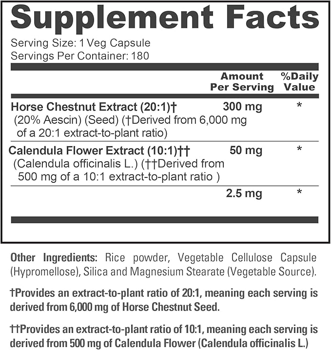 NusaPure Horse Chestnut 20:1 Extract 300 mg Equivalent to 6000mg 180 Veggie Caps Non-GMO Vegan BioPerine Calendula Flower
