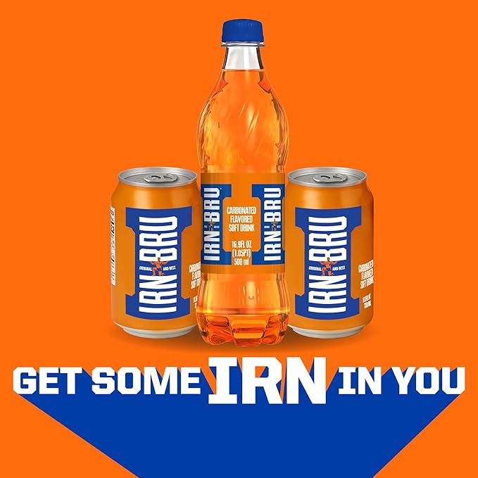 IRN-BRU Original Scottish Sparkling Soda Citrus Flavored Carbonated Drink - Sparkling Flavored Soft Drink 32 Flavor Recipe 11.1 fl oz Cans Pack of 8