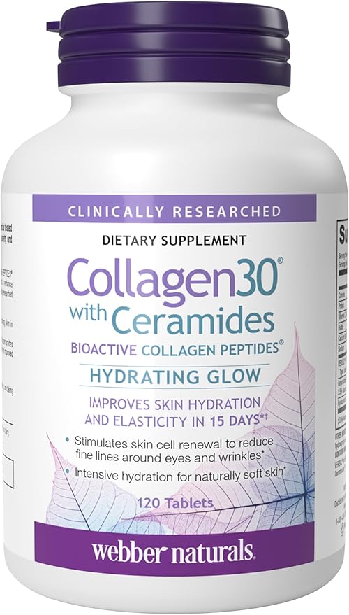 Webber Naturals Collagen30 with Ceramides Bioactive Collagen Peptides 120 Tablets Hydrating Glow Helps Improve Skin Hydration Elasticity &amp Smoothness Non GMO Dairy &amp Gluten Free