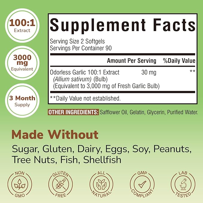 Odorless Garlic Extra Strength 100:1 Extract Heart &amp Immunity Antioxidant Defense 180 Softgels and Bovine Collagen Peptides Powder for Women and Men 8oz