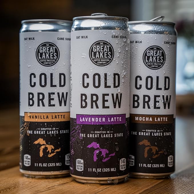 Great Lakes Variety Pack of Oat Milk Cold Brew Lattes Lavender Vanilla and Mocha Flavors 11 Ounce Cans Pack of 6