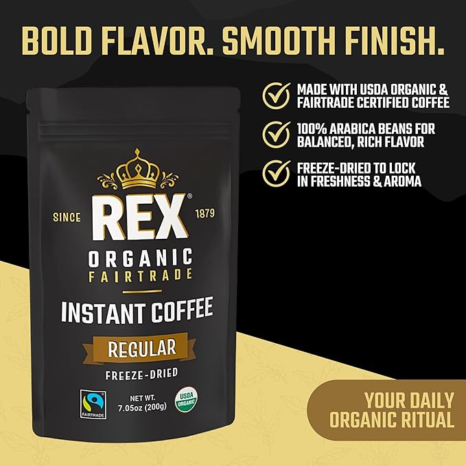 Rex Organic Fairtrade Freeze-Dried Instant Coffee – Medium Roast Arabica 7.05 oz Resealable Pouch Bag – USDA Organic &amp Fairtrade Certified Lab Tested for Mold &amp Mycotoxins